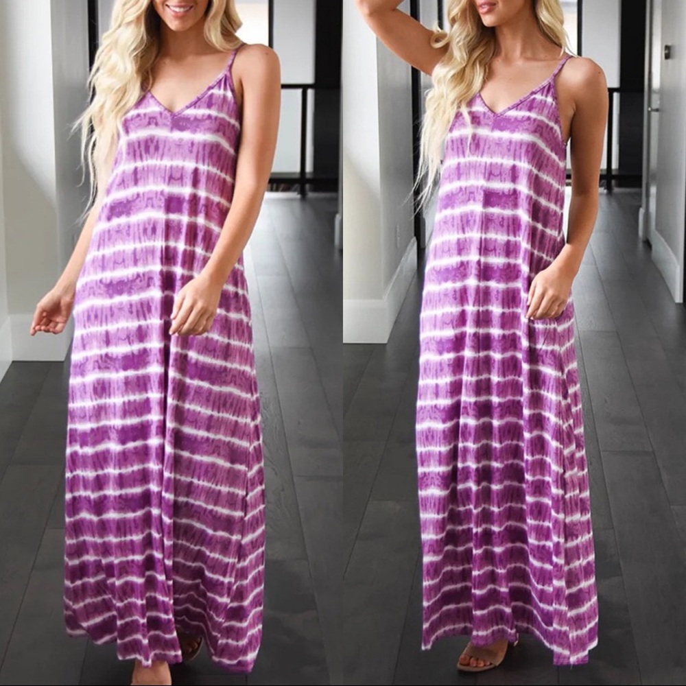 Tie Dye Striped Slip Maxi Dress Violet